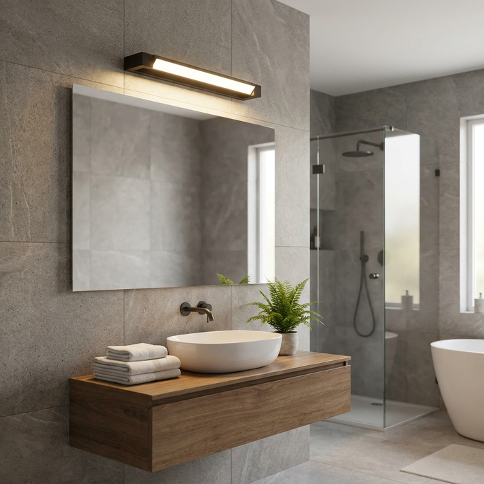 Eglo Gemiliana black LED wall light illuminating a modern bathroom mirror above a wooden vanity.