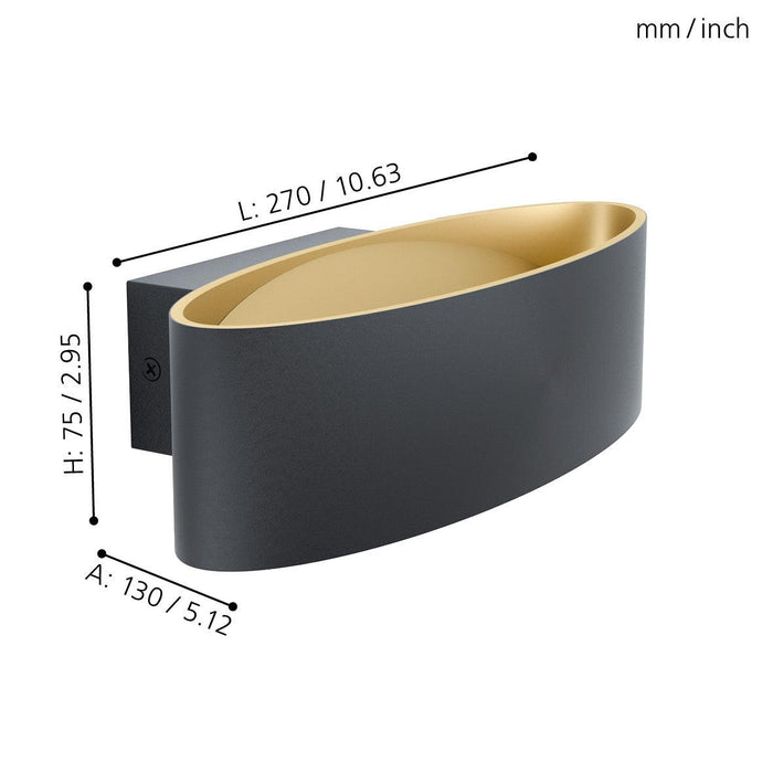 eglo maccacari curved black gold led wall light living room close up