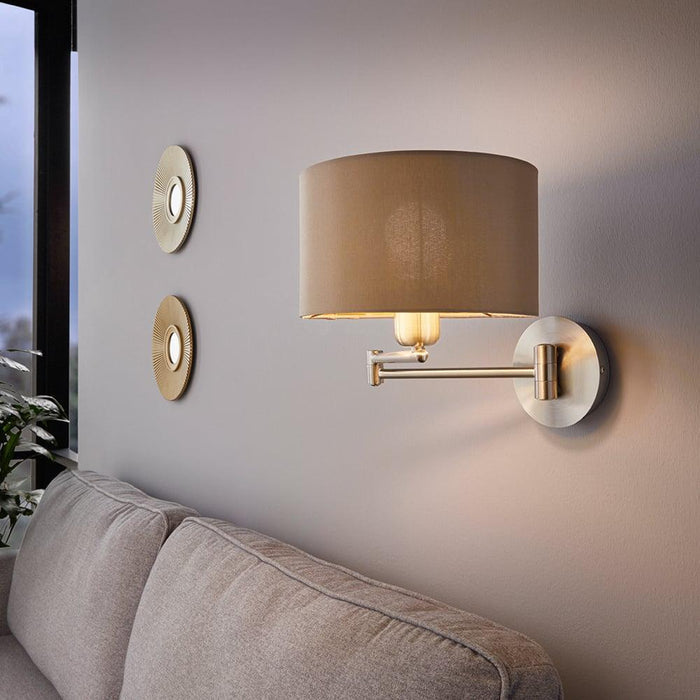 eglo maserlo nickel double swing arm wall light taupe shade