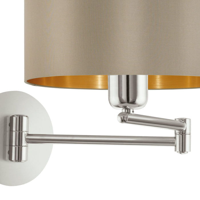 eglo maserlo nickel double swing arm wall light taupe shade living room close up