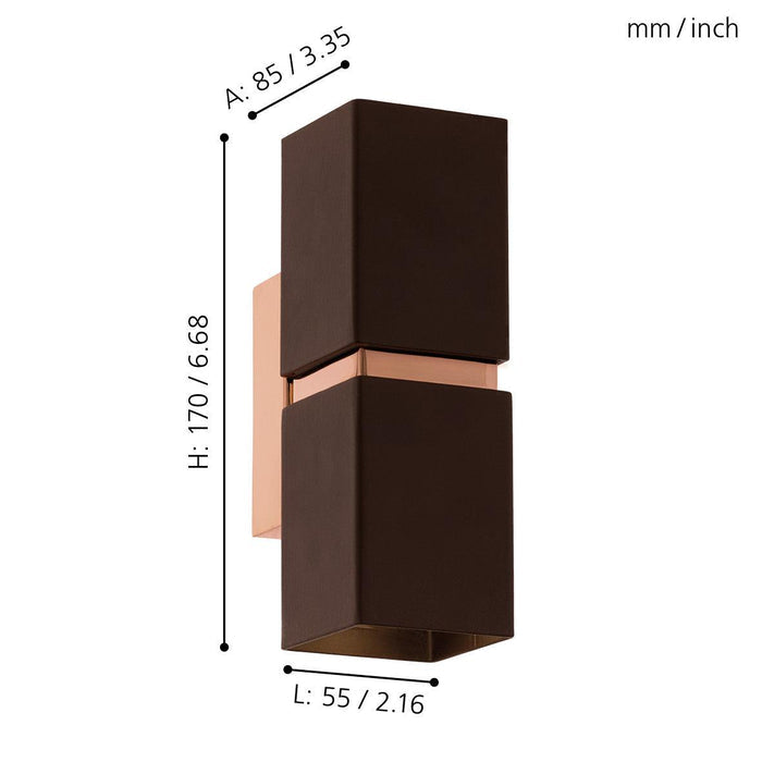 eglo passa brown copper 2 light wall light living room close up