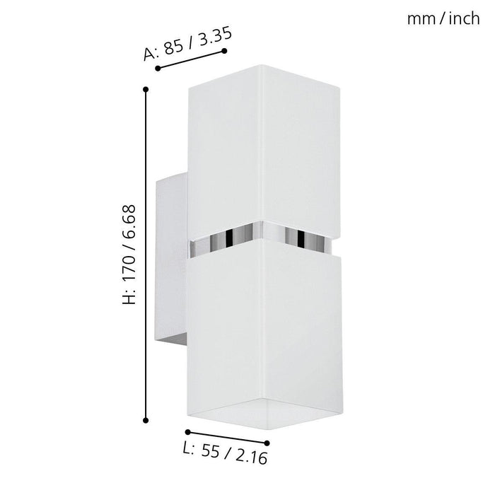 eglo passa chrome white 2 light wall light living room close up