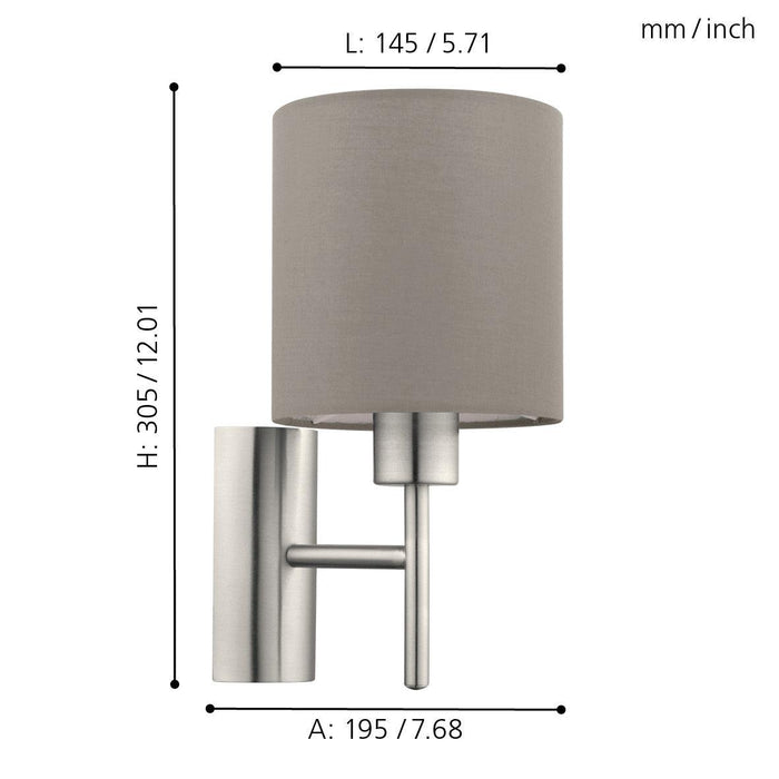 eglo pasteri nickel wall light taupe shade living room close up