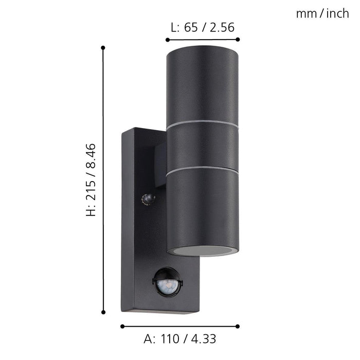 eglo riga 5 up down grey pir outdoor wall light ip44 living room close up