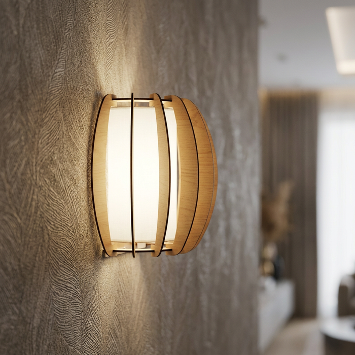 Modern wall light featuring a white glass shade and curved wooden slats on a textured beige wall.