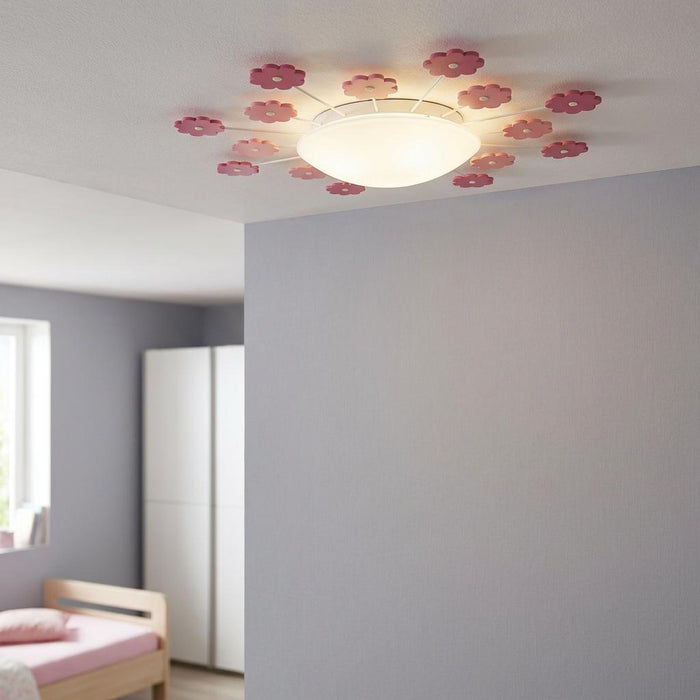 Eglo Viki 1 flush ceiling light with pink flower accents illuminating a modern child's bedroom.