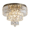 Empire antique brass bathroom flush ceiling light lit, three crystal prism tiers with ball drop