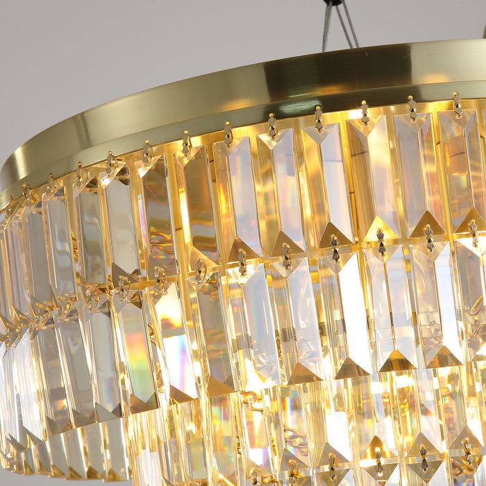 Detail of the Empire chandelier's brass rim and stacked rectangular crystal drops