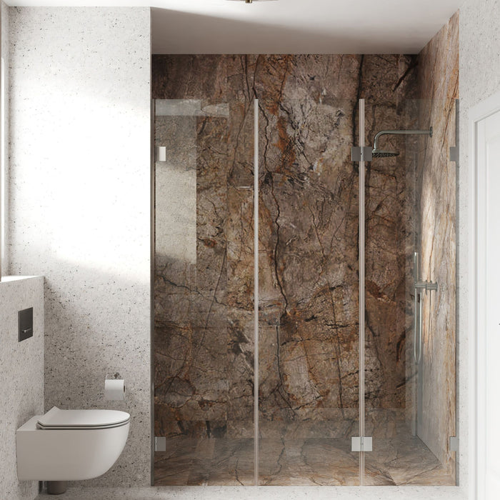 Marble-walled shower room with the Empire brass crystal flush light above a wall-hung WC