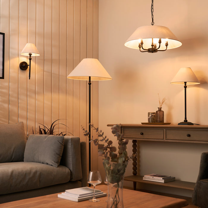 Endon Lille Antique Black 5 Light Pendant - Linen Shade — side profile