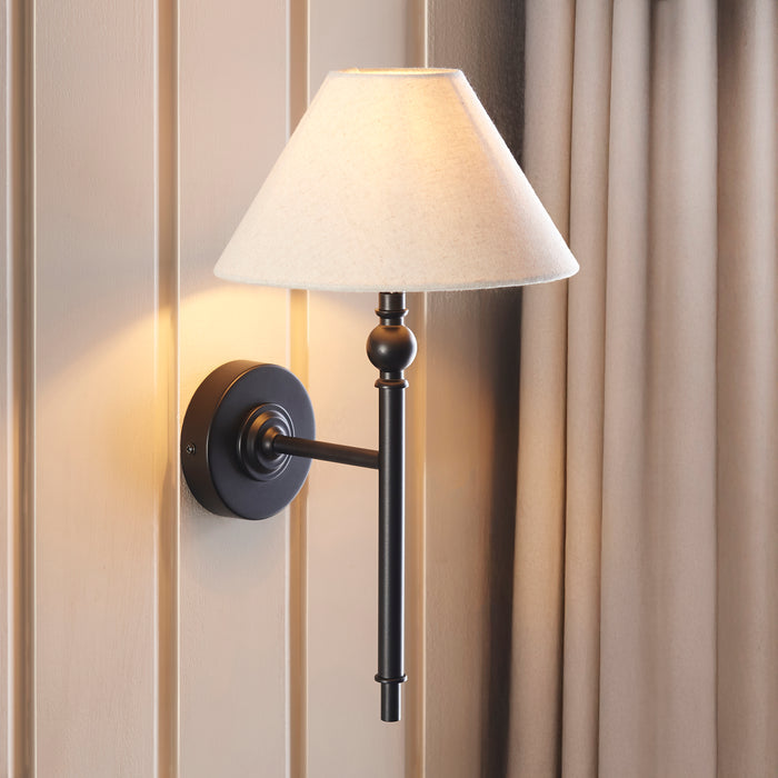 Endon Lille Black Wall Light - Natural Linen Shade by Endon Lighting — suits living rooms, bedrooms & hallways