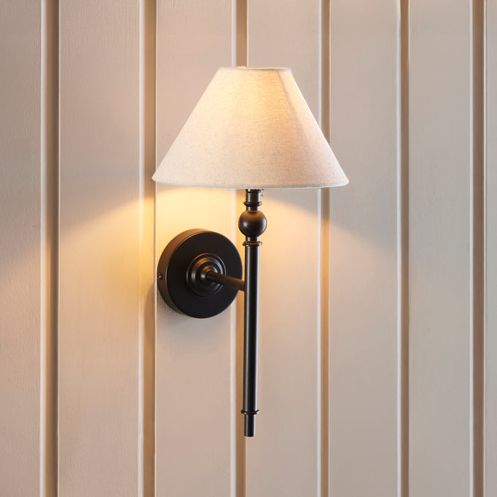 Endon Lille Black Wall Light - Natural Linen Shade — lifestyle setting