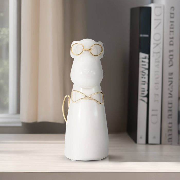 Figurine - White Ceramic Dog with Glasses and Bowtie, 7 in.