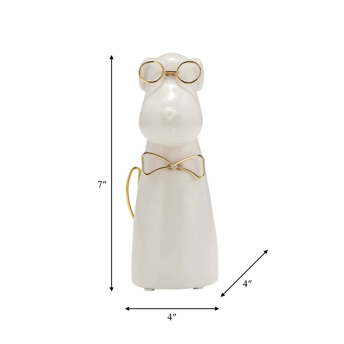 Figurine - White Ceramic Dog with Glasses and Bowtie, 7 in.