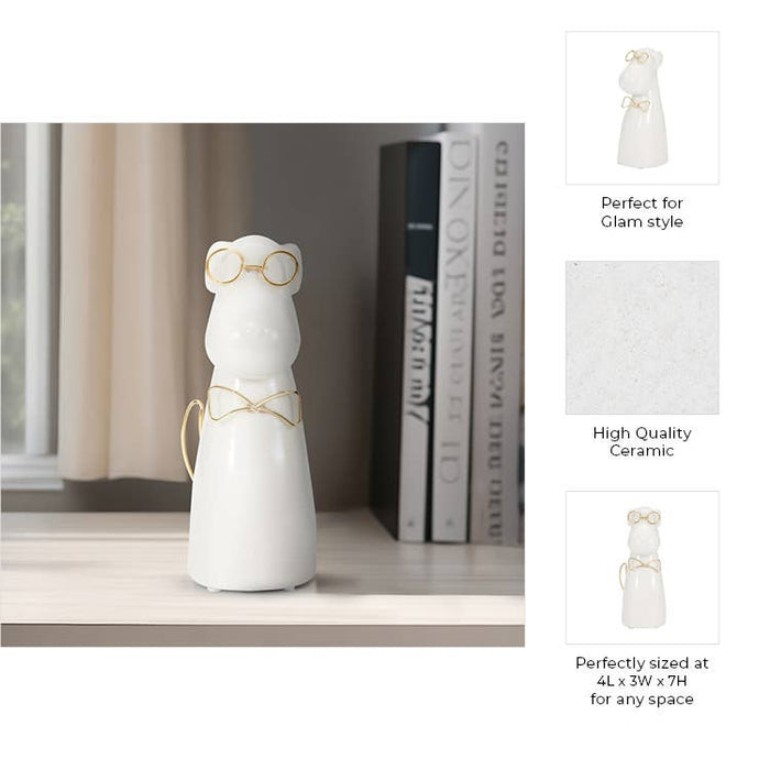 Figurine - White Ceramic Dog with Glasses and Bowtie, 7 in.