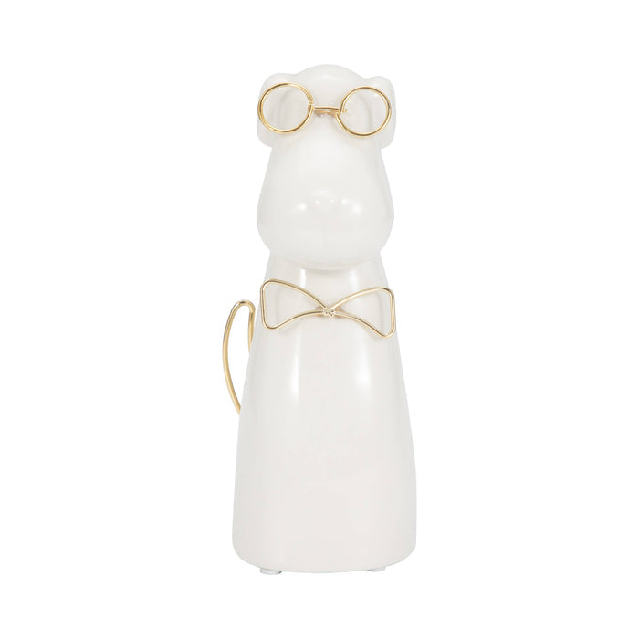 Figurine - White Ceramic Dog with Glasses and Bowtie, 7 in.