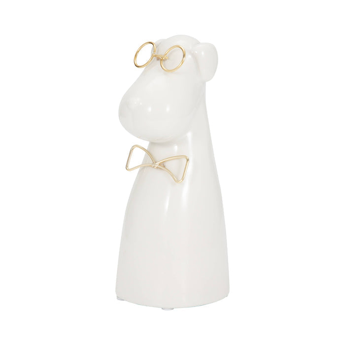 Figurine - White Ceramic Dog with Glasses and Bowtie, 7 in.