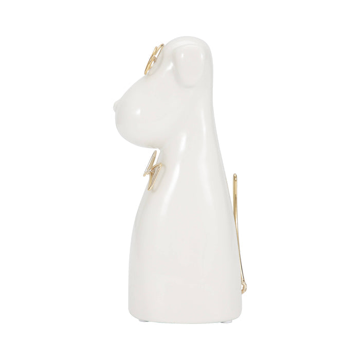 Figurine - White Ceramic Dog with Glasses and Bowtie, 7 in.