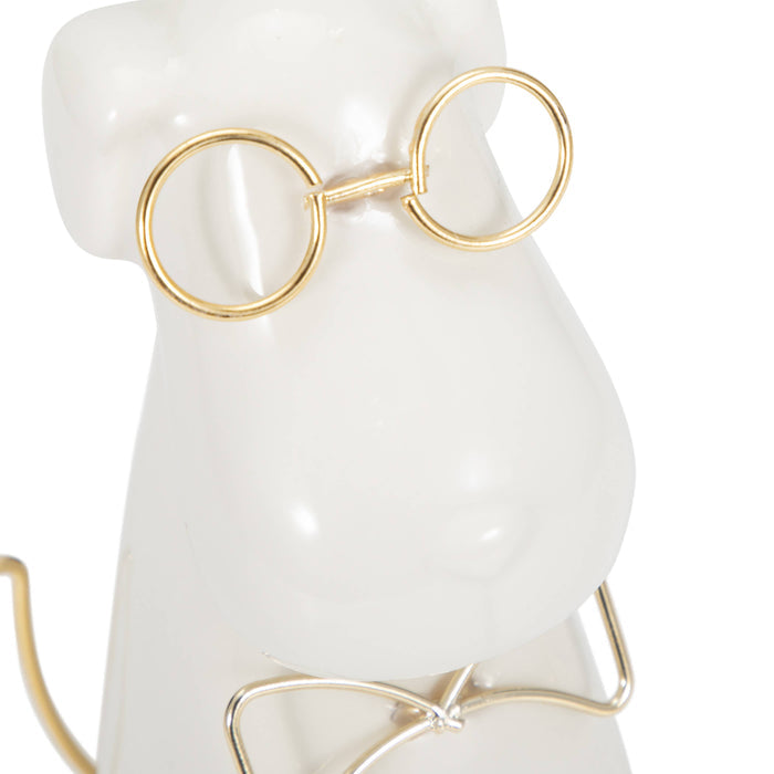 Figurine - White Ceramic Dog with Glasses and Bowtie, 7 in.