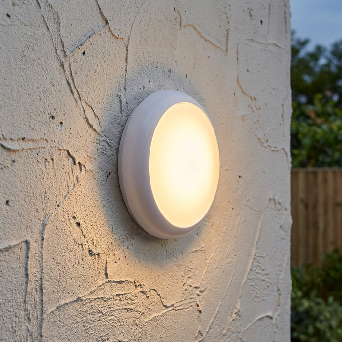 A round white LED bulkhead wall light illuminating a textured stone surface outdoors.