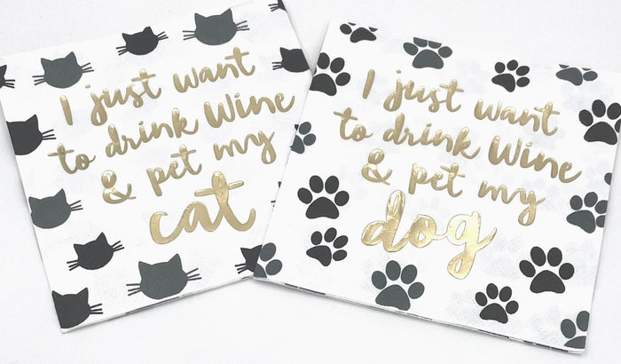 Funny Cocktail Napkins | Drink Wine and Pet My Dog-Foil-20ct
