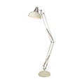 Goliath chrome and cream floor lamp lit, large dome task shade on jointed spring-balanced arms