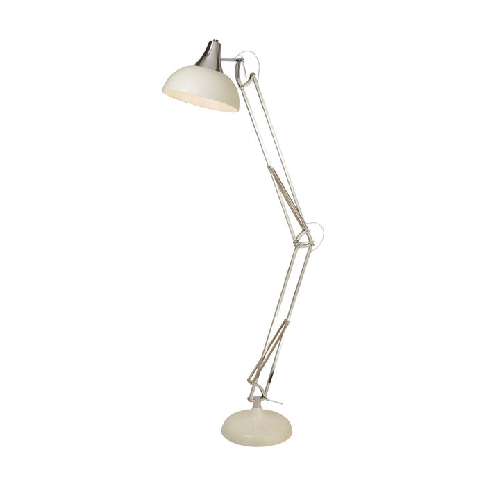 Goliath chrome and cream floor lamp lit, large dome task shade on jointed spring-balanced arms