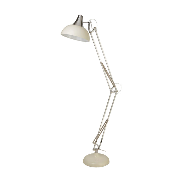 Goliath cream and chrome floor lamp unlit on white, oversized dome shade and heavy round base