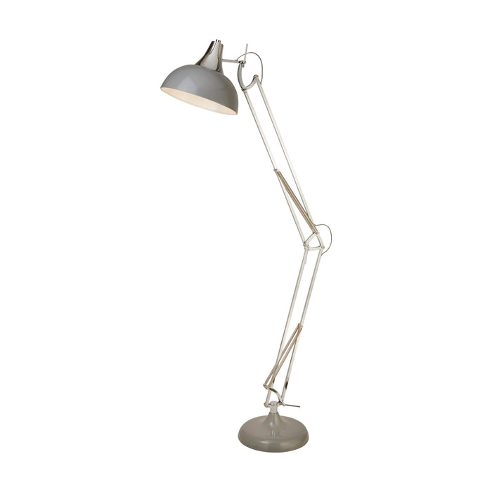 Goliath grey and chrome floor lamp lit, oversized task dome shade on jointed adjustable arms