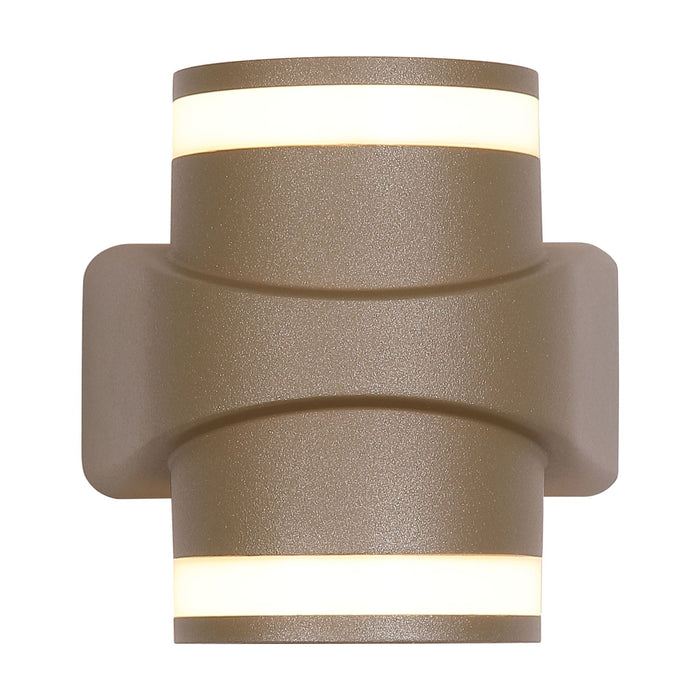 Grip gold outdoor wall light lit up and down with wrapped cylinder bands and opal strips