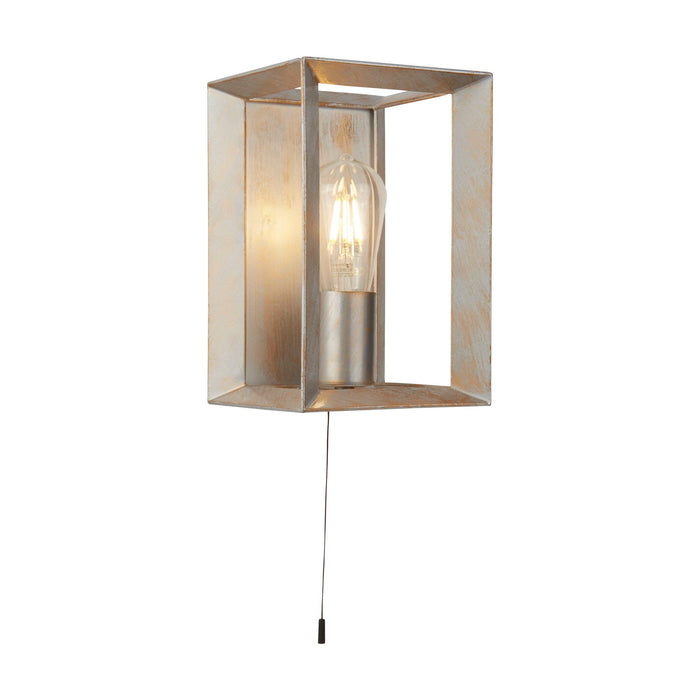 Heaton brushed silver and gold box wall light with a lit filament lamp and pull switch