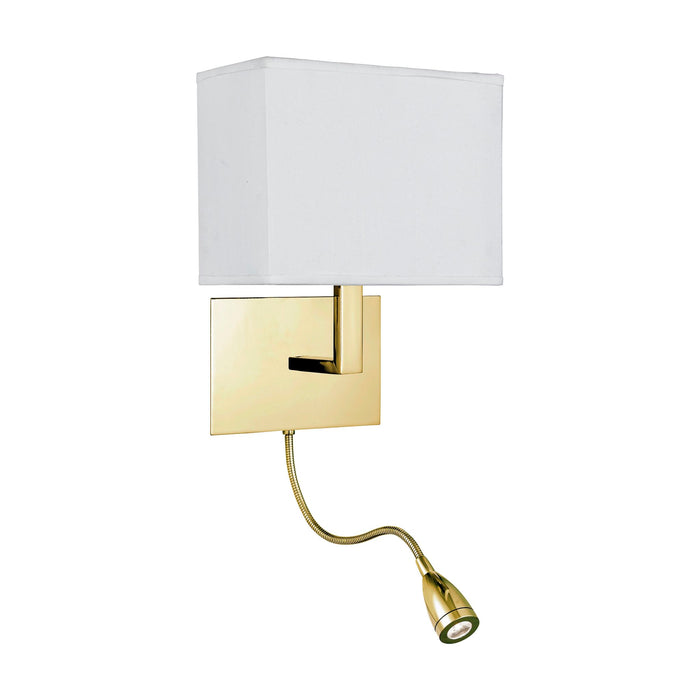 Hotel satin brass wall light unlit on white with white shade and gooseneck reading spotlight
