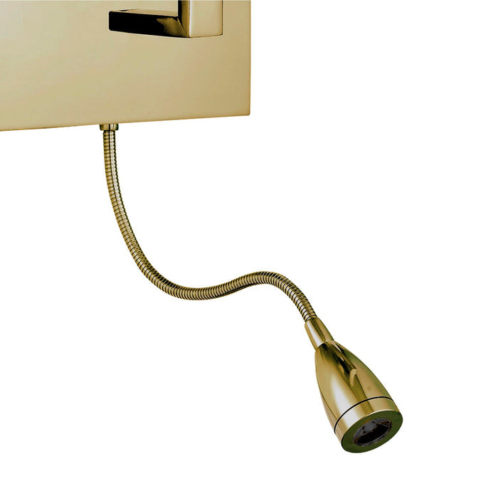 Close-up of the Hotel wall light flexible brass arm and small LED reading spot head
