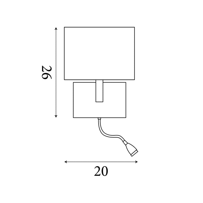 Dimension diagram of the Hotel, Satin Brass, Wall Light - Flexible Reading Light with height and width in cm.