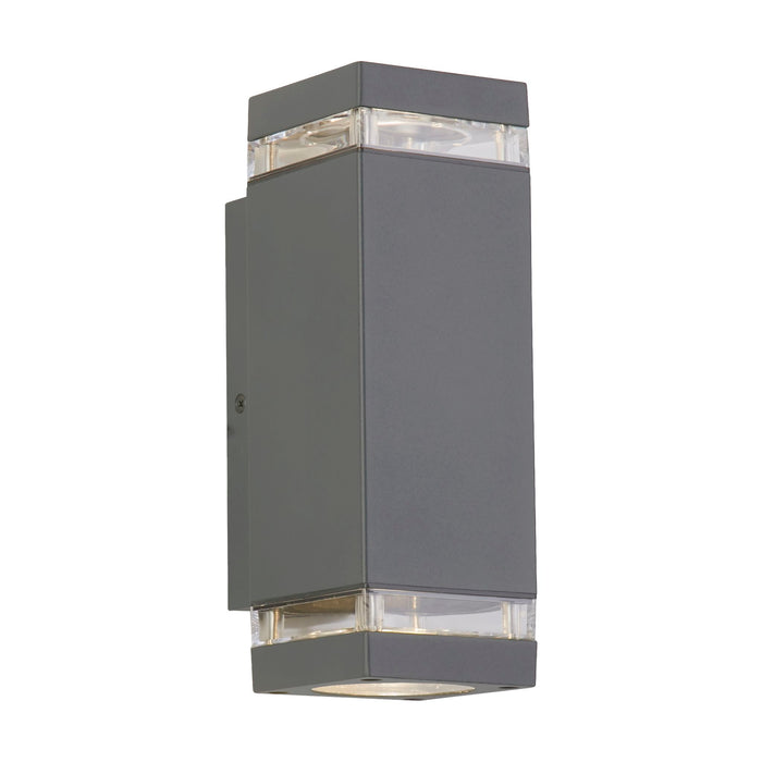 Houston light grey wall light lit up and down with clear glass detail on a square body