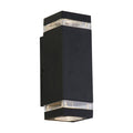 Houston matt black outdoor wall light lit, square up and down body with clear glass side lenses