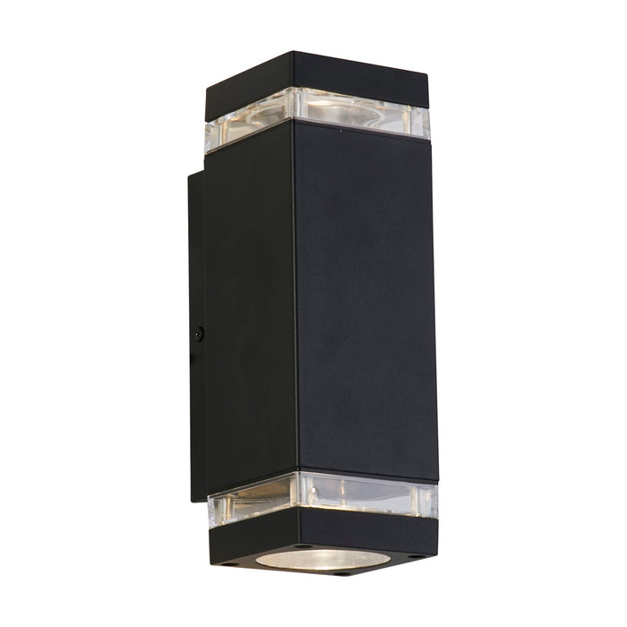 Houston matt black outdoor wall light lit, square up and down body with clear glass side lenses