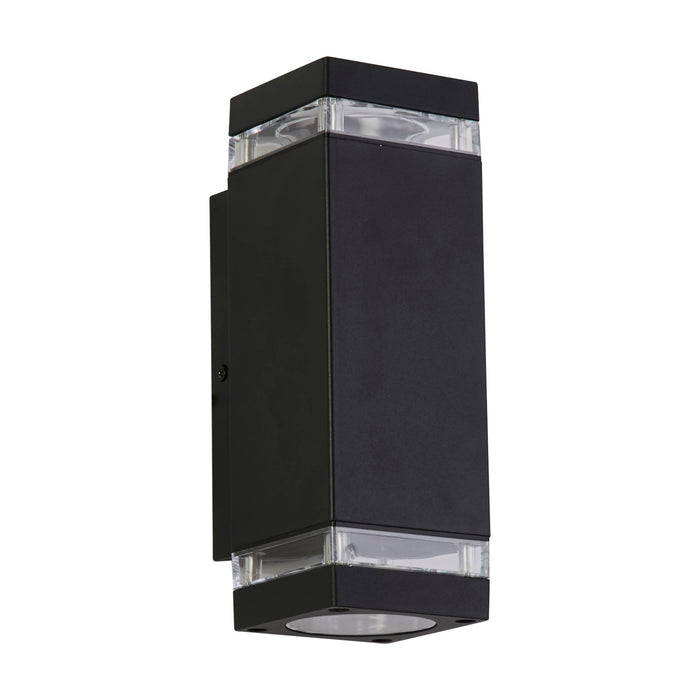 Houston matt black outdoor wall light unlit on white, square column with clear trims and backplate