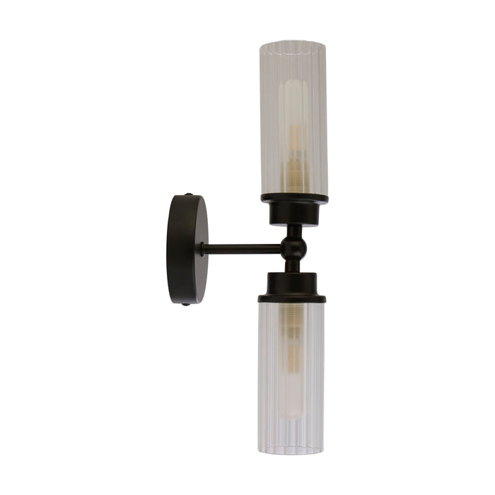 Imperial matt black bathroom wall light unlit on white, twin ribbed glass cylinders on a black arm