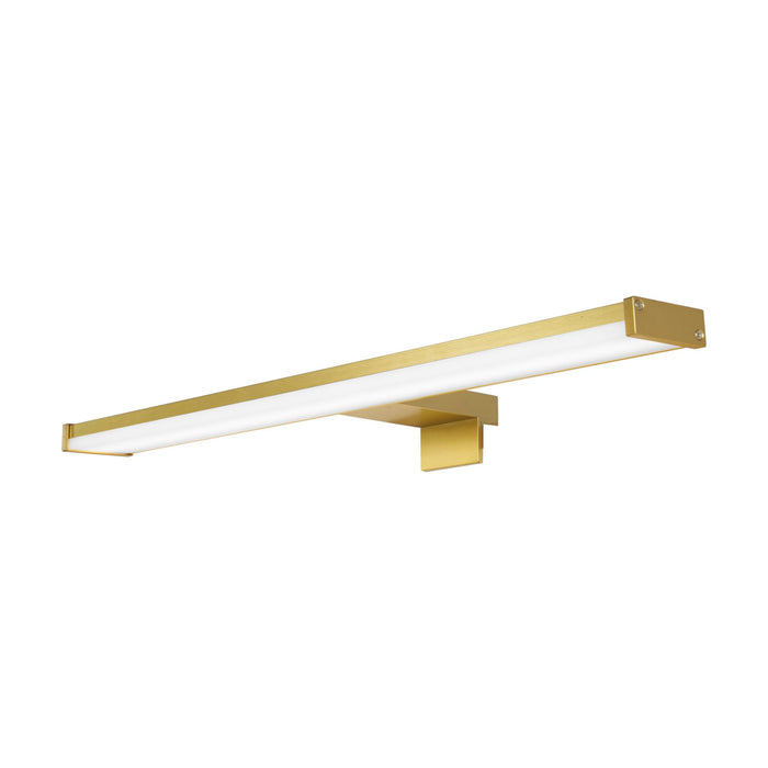 Kos brushed gold slim LED mirror wall light unlit on a white studio background