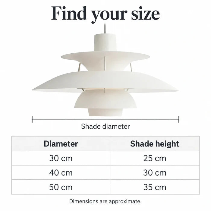 Layered pendant lamp size guide: diameters 30, 40 and 50 cm with approximate shade heights 25, 30 and 35 cm