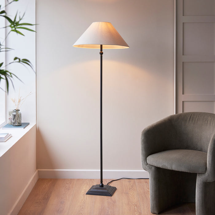 Lille Antique Black 1 Light Floor Lamp Linen Shade by Endon Lighting — suits living rooms & bedrooms