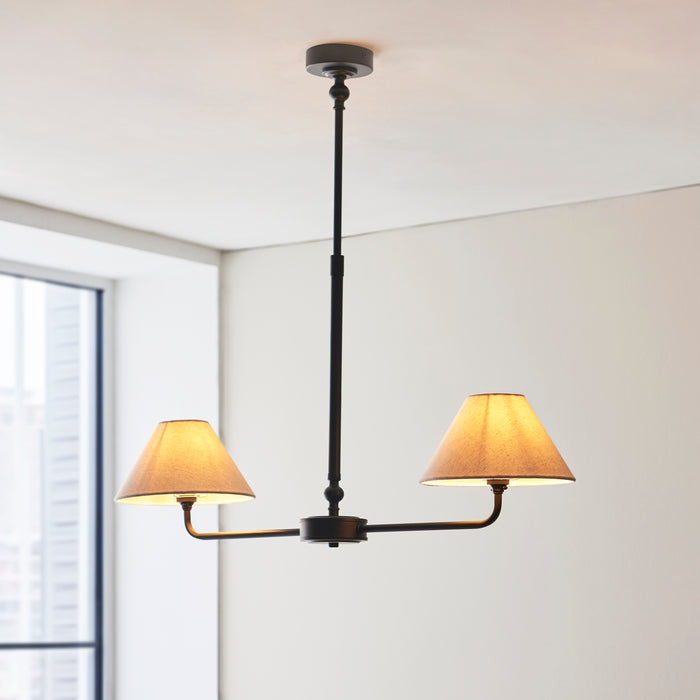 Lille Black 2 Light Pendant - Linen Shade by Endon Lighting — suits living rooms, dining rooms & hallways