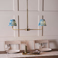 Lille Brass 2 Light Linear Pendant & Blue Ikat 16cm Shades by Endon Lighting — suits living rooms, dining rooms & hallways