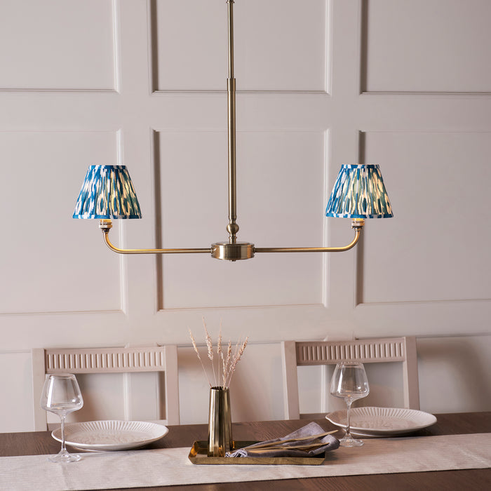 Lille Brass 2 Light Linear Pendant & Blue Ikat 16cm Shades by Endon Lighting — suits living rooms, dining rooms & hallways