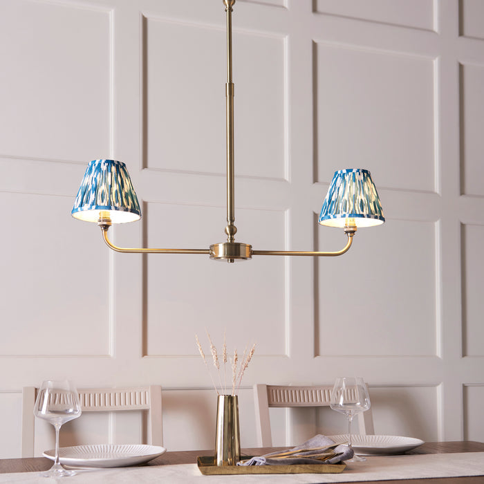 Lille Brass 2 Light Linear Pendant & Blue Ikat 16cm Shades — side profile