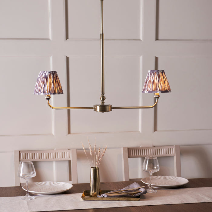 Lille Brass 2 Light Linear Pendant & Grey Ikat 16cm Shades by Endon Lighting — suits living rooms, dining rooms & hallways
