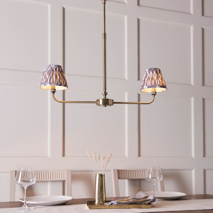 Lille Brass 2 Light Linear Pendant & Grey Ikat 16cm Shades — side profile