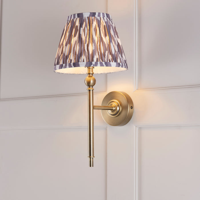Lille Brass Living Room Wall Light & Grey Ikat 20cm Shade — side profile