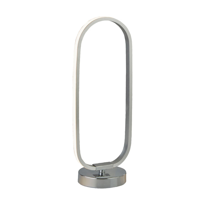 Liner chrome table lamp with glowing integrated LED oval loop on a round polished base